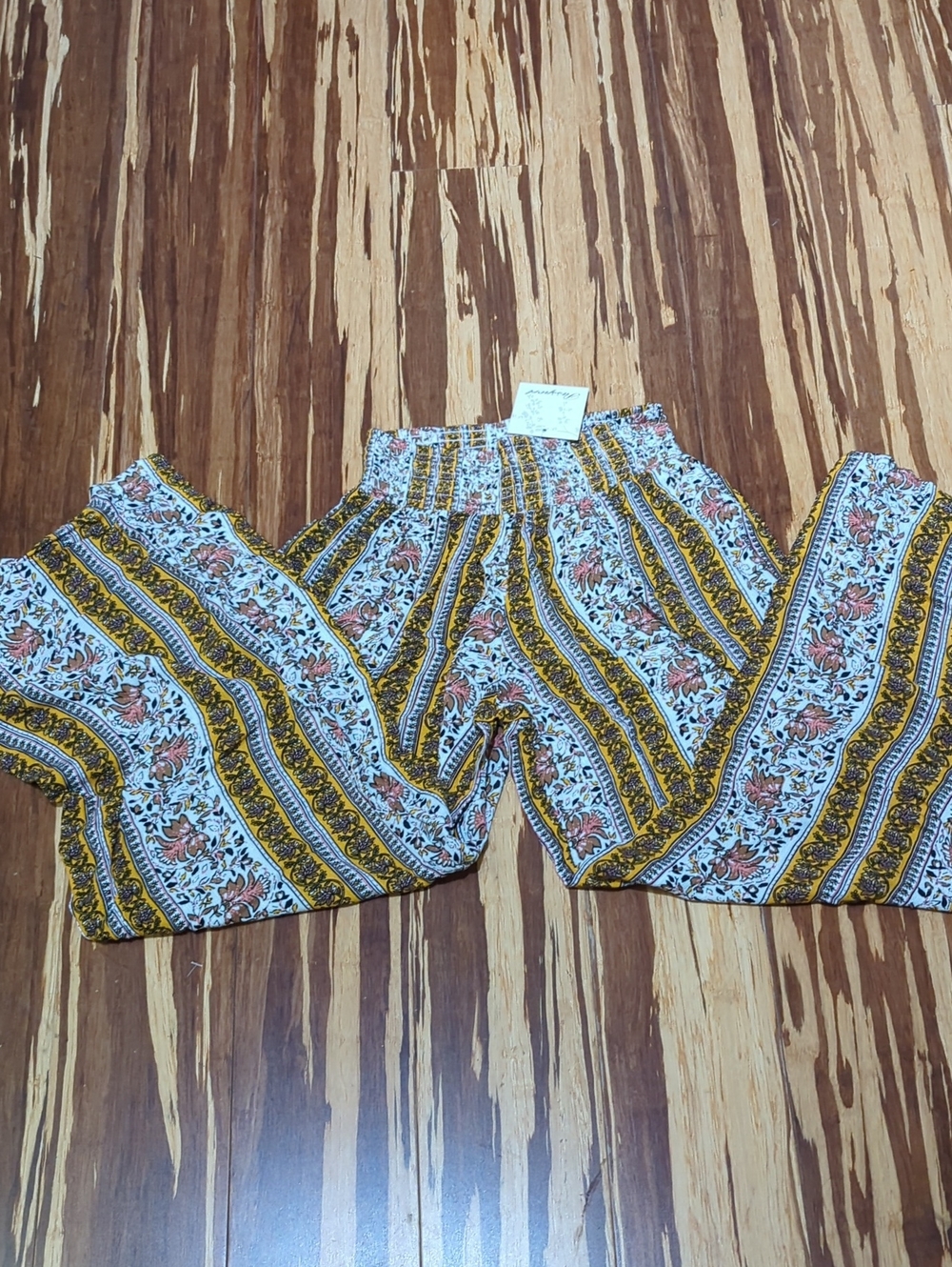 Passport Floral Stripe Smocked-Waist Wide Leg Pants in White and Mustard NWT
